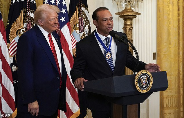 Despite Donald Trump's friendship with Woods, bettors don't put any significant odds on the golf star seeking political office – even now that he's with the president's former daughter-in-law. Pictured: Trump and Woods at a Black History Month reception on February 20, 2025