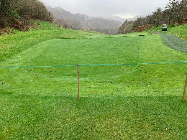 Greenkeepers immediately took the first load there - but when they returned for the rest at around 3.45pm, 12 rolls were gone, the tarpaulin over them brazenly removed. Pictured: The eighth hole after work was finished