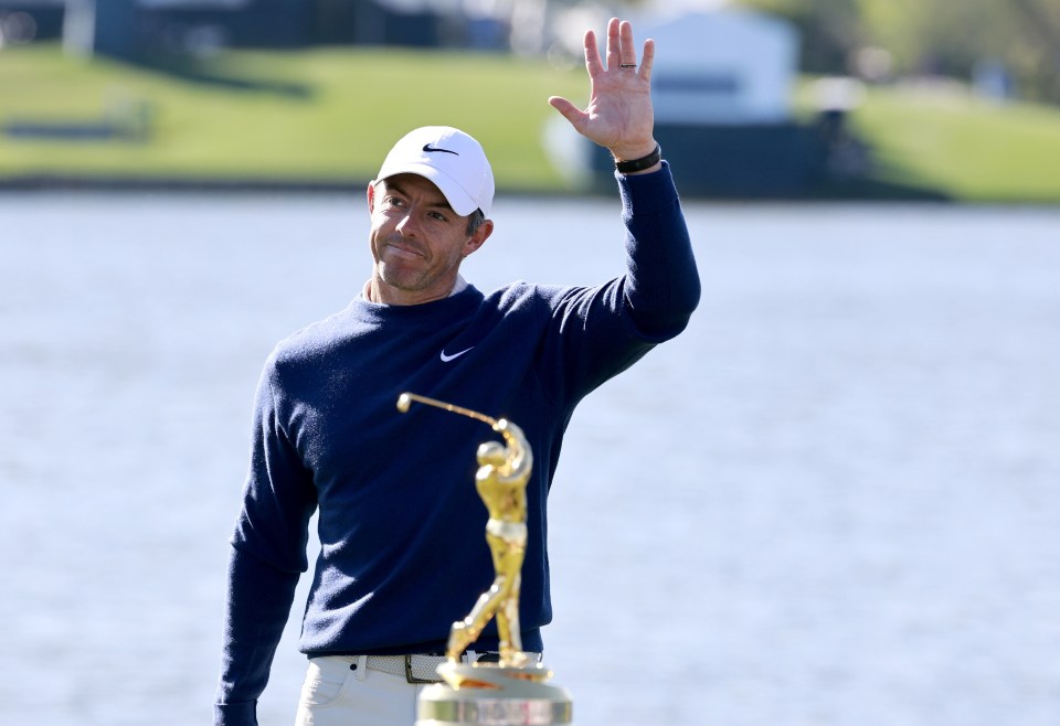 epa11969947 Rory McIlroy of Northern Ireland stands behind the trophy after winning the playoff for The Players Championship golf tournament at TPC Sawgrass in Ponte Vedra Beach, Florida, USA, 17 March 2025. EPA/ERIK S. LESSER