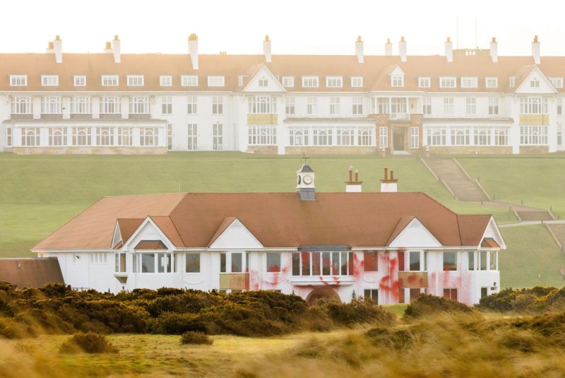 A building at the Trump Turnberry golf course in Ayrshire, Scotland, is sprayed with red paint after pro-Palestinian protesters vandalized it early Saturday morning. Photo by Milo Chandler/Palestine Action