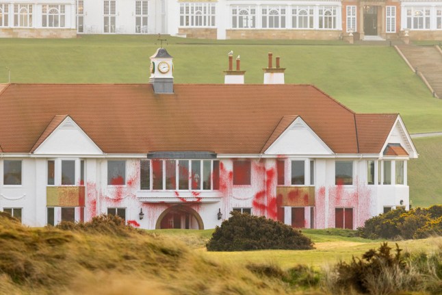 Handout photo issued by Palestine Action of damage to Trump Turnberry, which has been vandalised by activists. Palestine Action described it as a 'direct response to the US administration's stated intent to ethnically cleanse Gaza'. Issue date: Saturday March 8, 2025. The golf course in South Ayrshire, owned by the US president, was targeted overnight, with activists painting Gaza Is Not For Sale in three-metre high letters on the lawn, and damaging the greens including the course's most prestigious hole, used in Open Championships. PA Photo. See PA story POLITICS Trump. Photo credit should read: Milo Chandler/PA Wire NOTE TO EDITORS: This handout photo may only be used in for editorial reporting purposes for the contemporaneous illustration of events, things or the people in the image or facts mentioned in the caption. Reuse of the picture may require further permission from the copyright holder.