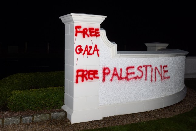 Handout photo issued by Palestine Action of damage to Trump Turnberry, which has been vandalised by activists. Palestine Action described it as a 'direct response to the US administration's stated intent to ethnically cleanse Gaza'. Issue date: Saturday March 8, 2025. The golf course in South Ayrshire, owned by the US president, was targeted overnight, with activists painting Gaza Is Not For Sale in three-metre high letters on the lawn, and damaging the greens including the course's most prestigious hole, used in Open Championships. PA Photo. See PA story POLITICS Trump. Photo credit should read: Milo Chandler/PA Wire NOTE TO EDITORS: This handout photo may only be used in for editorial reporting purposes for the contemporaneous illustration of events, things or the people in the image or facts mentioned in the caption. Reuse of the picture may require further permission from the copyright holder.