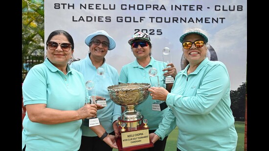 Winners of 8th Neelu Chopra inter-club ladies golf tournament with trophies at Chandigarh Golf Club on Monday. (Ravi Kumar/HT)