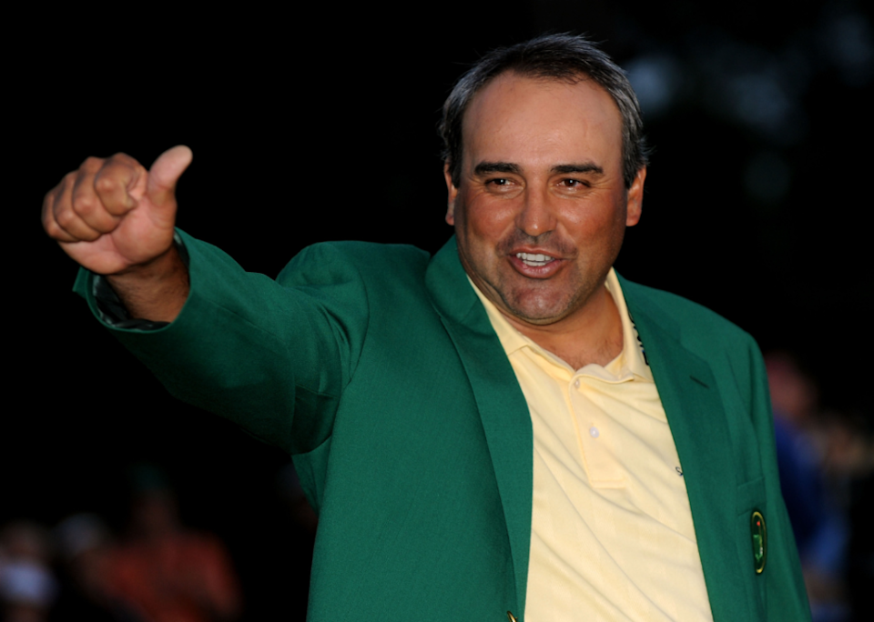 Angel Cabrera of Argentina celebrates during the green jacket presentation after winning the 2009 Masters Tournament.