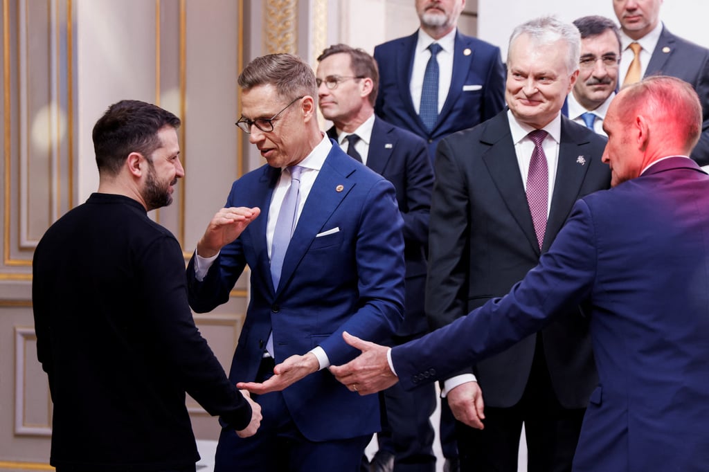 Ukraine’s President Volodymyr Zelensky (left) listens to Finland’s President Alexander Stubb (second from left) during a meeting in Paris, France, on Thursday. Photo: Reuters