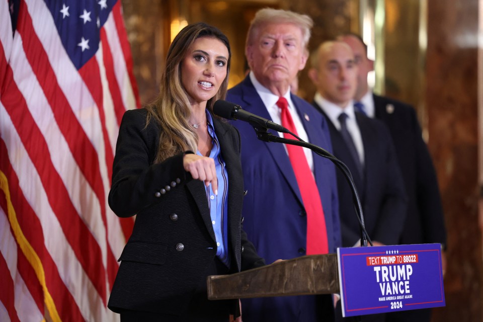 Alina Habba speaking at a press conference with Donald Trump.