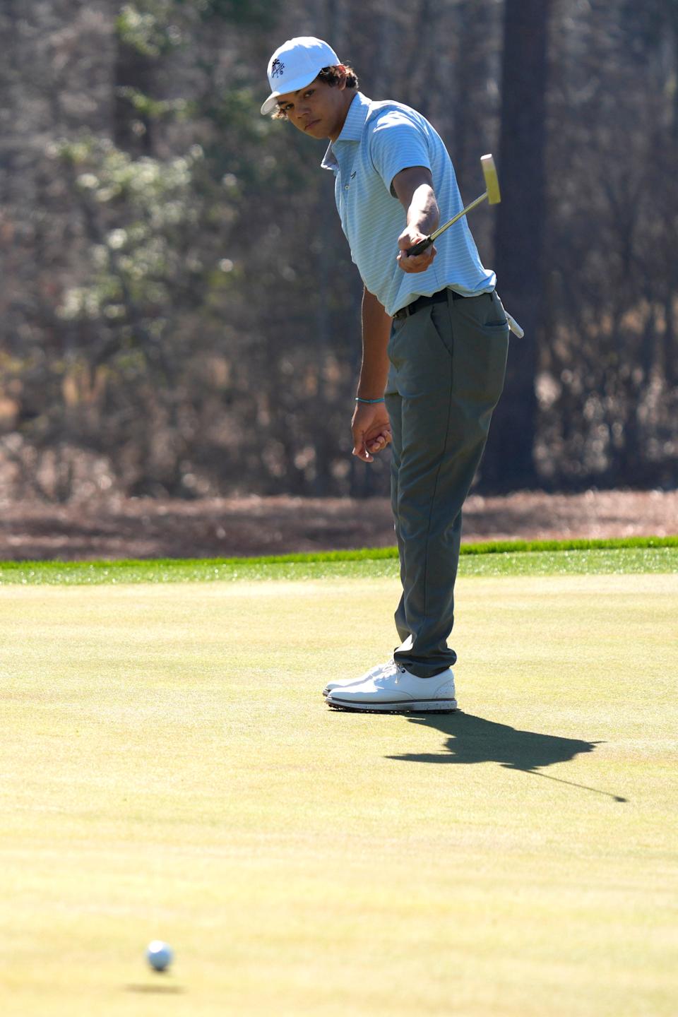 Mar 19, 2025; Graniteville, South Carolina, USA; Charlie Woods reacts to his putt on No. one green during the first round of the Junior Invitational at Sage Valley Golf Club. Woods is the son of golf legend Tiger Woods and finished at +6. Mandatory Credit: Katie Goodale - Augusta Chronicle/USA TODAY NETWORK