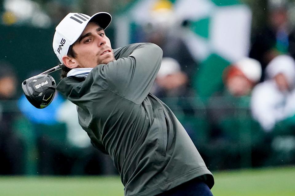 Joaquin Niemann tees off on the third hole during the third round of The Masters golf tournament.