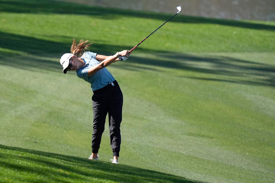 Mar 19, 2025; Graniteville, South Carolina, USA; Kai Trump hits on No. three fairway during the first round of the Junior Invitational at Sage Valley Golf Club. Trump is the granddaughter of President Donald Trump. She finished at +17. Mandatory Credit: Katie Goodale - Augusta Chronicle/USA TODAY NETWORK