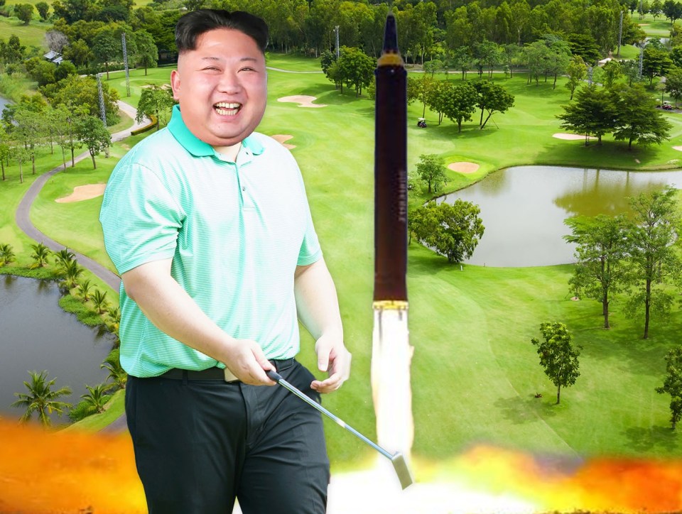 Illustration of Kim Jong-un golfing with a missile launching from his putter.