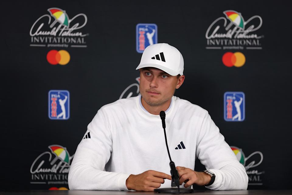 Ludvig Aberg of Sweden talks to the media prior to the Arnold Palmer Invitational presented by Mastercard 2025 at Arnold Palmer Bay Hill Golf Course on March 05, 2025 in Orlando, Florida.