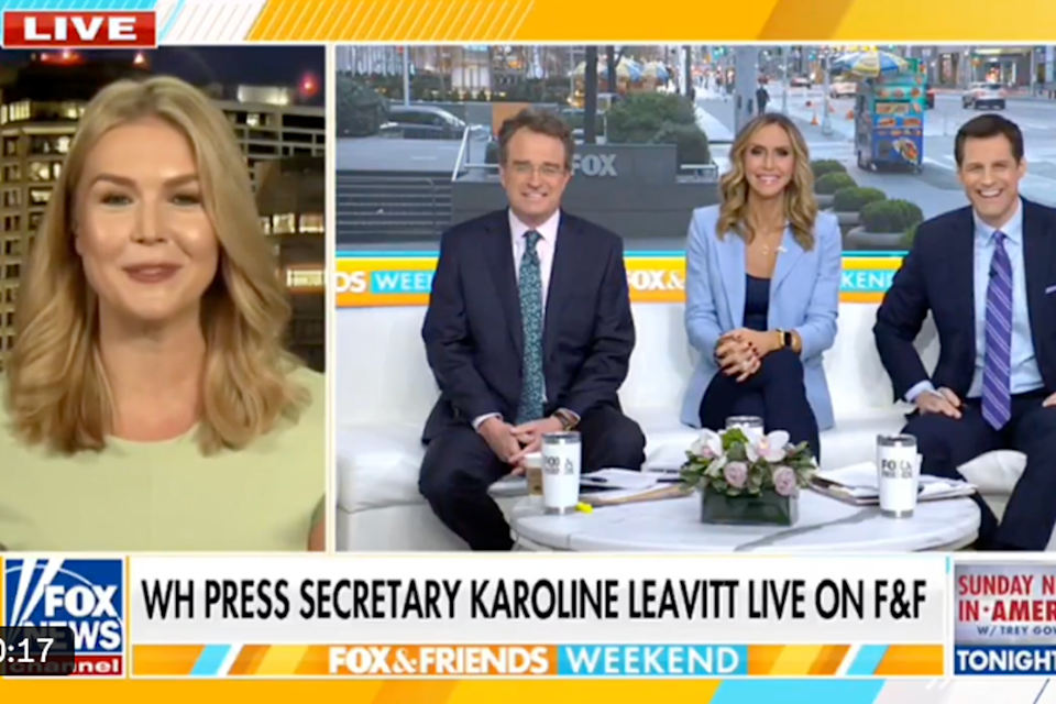 Lara Trump was interviewing Karoline Leavitt Sunday on Fox News when she made the remark about her father-in-law (FOX)