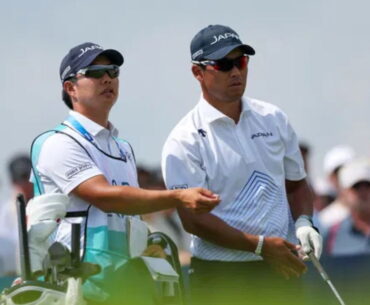 Who carries the sticks for the Japanese golfing star?