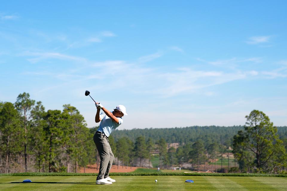 Mar 19, 2025; Graniteville, South Carolina, USA; Charlie Woods tees off No. one during the first round of the Junior Invitational at Sage Valley Golf Club. Woods is the son of golf legend Tiger Woods and finished at +6. Mandatory Credit: Katie Goodale - Augusta Chronicle/USA TODAY NETWORK