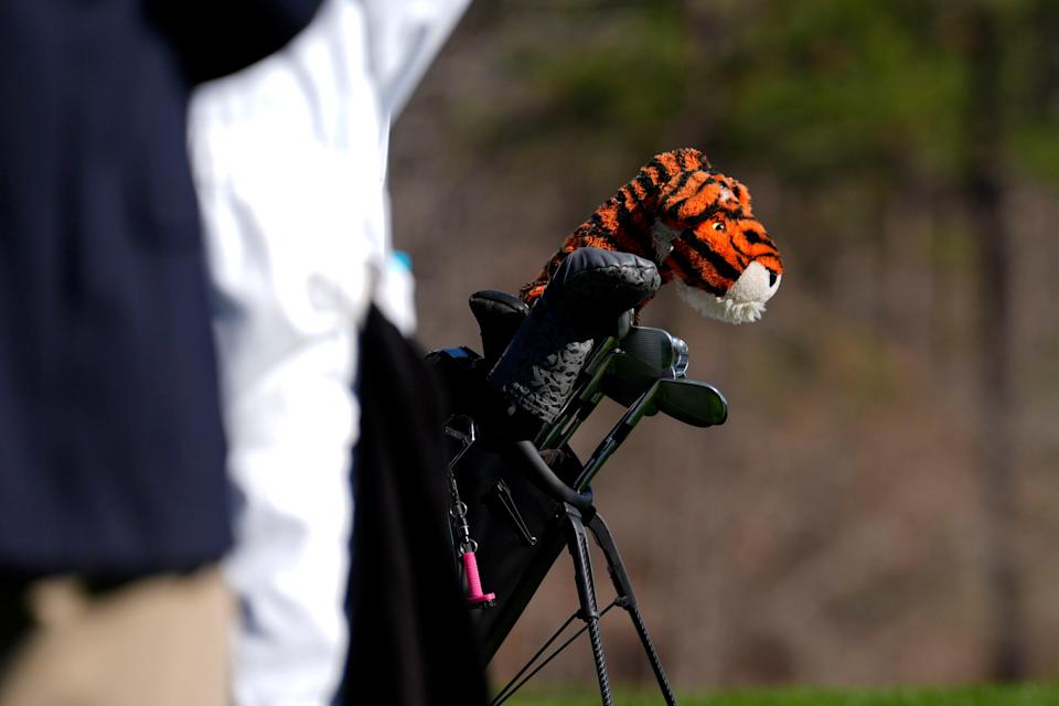 Mar 19, 2025; Graniteville, South Carolina, USA; Frank the headcover sits in Charlie Woods' bag during the first round of the Junior Invitational at Sage Valley Golf Club. Woods is the son of golf legend Tiger Woods and finished at +6. Mandatory Credit: Katie Goodale - Augusta Chronicle/USA TODAY NETWORK