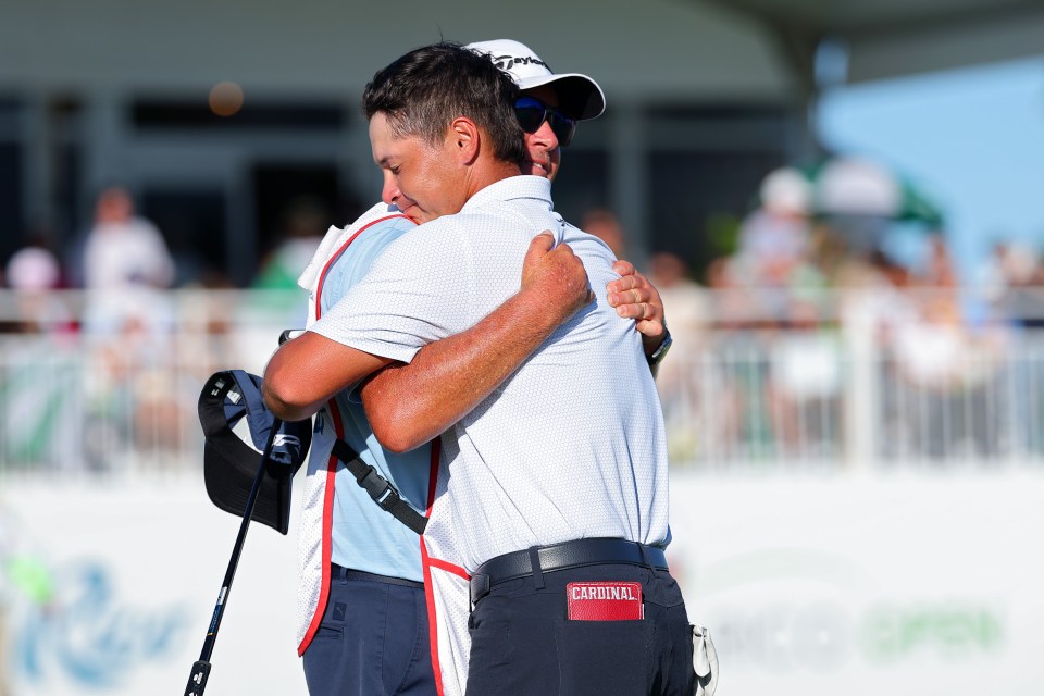 He was seen embracing his caddie on the 18th green