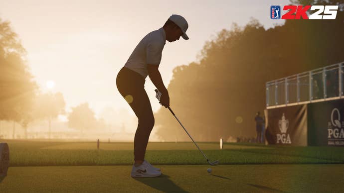 A silhouetted man in PGA Tour 2K25. He is teeing off.