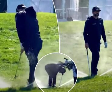 Golfer Adam Hadwin slams club in frustration, accidentally sets off sprinkler in hilarious moment