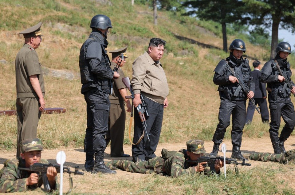 Kim Jong-un observing soldiers at a firing range.