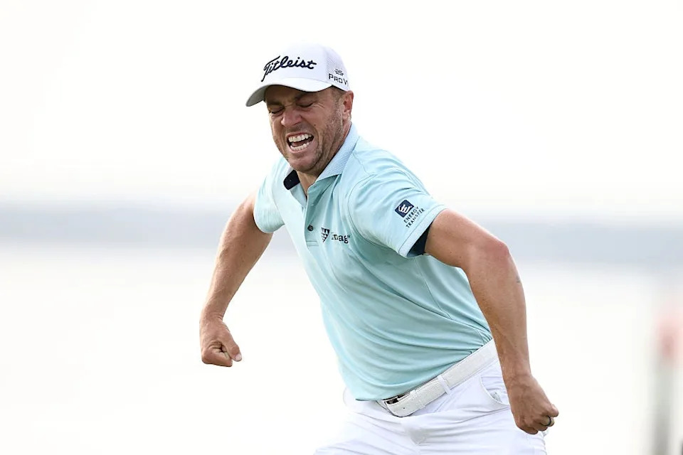 Justin Thomas celebrates his winning putt in a playoff for the RBC Heritage title at the Harbour Town Golf Links on Hilton Head Island, S.C., on April 20.