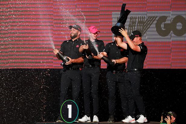 Caleb Surratt, Tom McKibbin, Jon Rahm and Tyrrell Hatton of Legion XIII celebrate with the team trophy after winning during day three of LIV Golf Mexico City