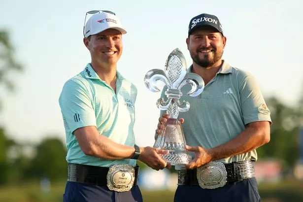 Ben Griffin (left) and Andrew Novak after winning the Zurich Classic in New Orleans