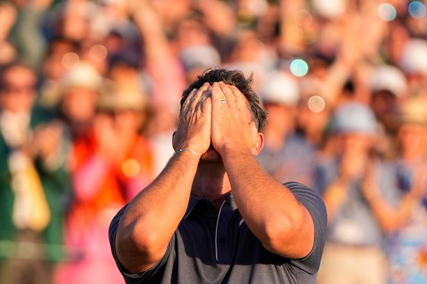 Rory McIlroy reacts after his Masters win in April 2025