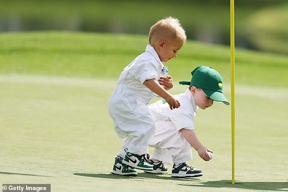 AUGUSTA, GEORGIA - APRIL 09: AJ, son of Adam Schenk of the United States, and Fritz, son of Stephan Jaeger of Germany, are seen during the Par Three Contest prior to the 2025 Masters Tournament at Augusta National Golf Club on April 09, 2025 in Augusta, Georgia. (Photo by Richard Heathcote/Getty Images)