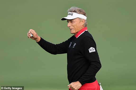 AUGUSTA, GEORGIA - APRIL 10: Bernhard Langer of Germany  reacts on the second hole during the first round of the 2025 Masters Tournament at Augusta National Golf Club on April 10, 2025 in Augusta, Georgia. (Photo by Michael Reaves/Getty Images)