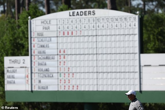 Golf - The Masters - Augusta National Golf Club, Augusta, Georgia, U.S. - April 11, 2025 Northern Ireland's Rory McIlroy on the green in front of the scoreboard on the 3rd hole during the second round REUTERS/Pilar Olivares