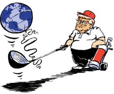 Donald Trump juggling with the globe on his golf stick.