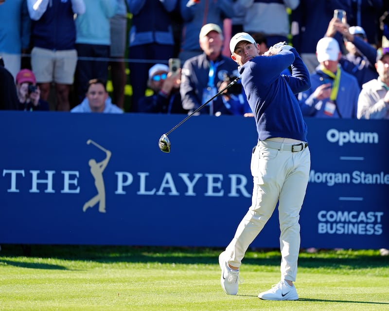 PONTE VEDRA BEACH, FL - MARCH 17: PGA golfer Rory McIlroy plays his tee shot on the 18th hole during the aggregate playoff for The Players Championship at the Stadium Course at TPC Sawgrass on March 17, 2025, at Ponte Verde Beach, Florida. (Photo by Brian Spurlock/Icon Sportswire via Getty Images)