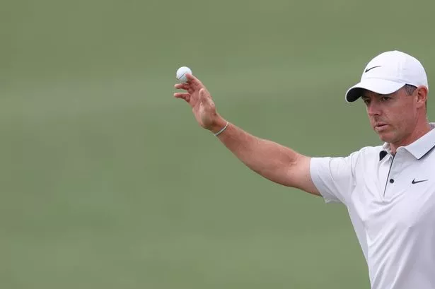 AUGUSTA, GEORGIA - APRIL 12: Rory McIlroy of Northern Ireland celebrates chipping in for eagle on the second hole during the third round of the 2025 Masters Tournament at Augusta National Golf Club on April 12, 2025 in Augusta, Georgia. (Photo by Andrew Redington/Getty Images)