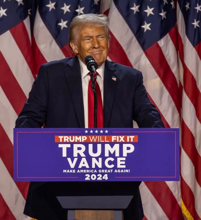 President elect Donald Trump on stage at the Republican watch Party at the Palm Beach Convention centre having just been declared winner in the 2024 Presidential election. Vice President elect, JD Vance. November 6th 2024 Photograph by Jack Hill Chief news photographer.