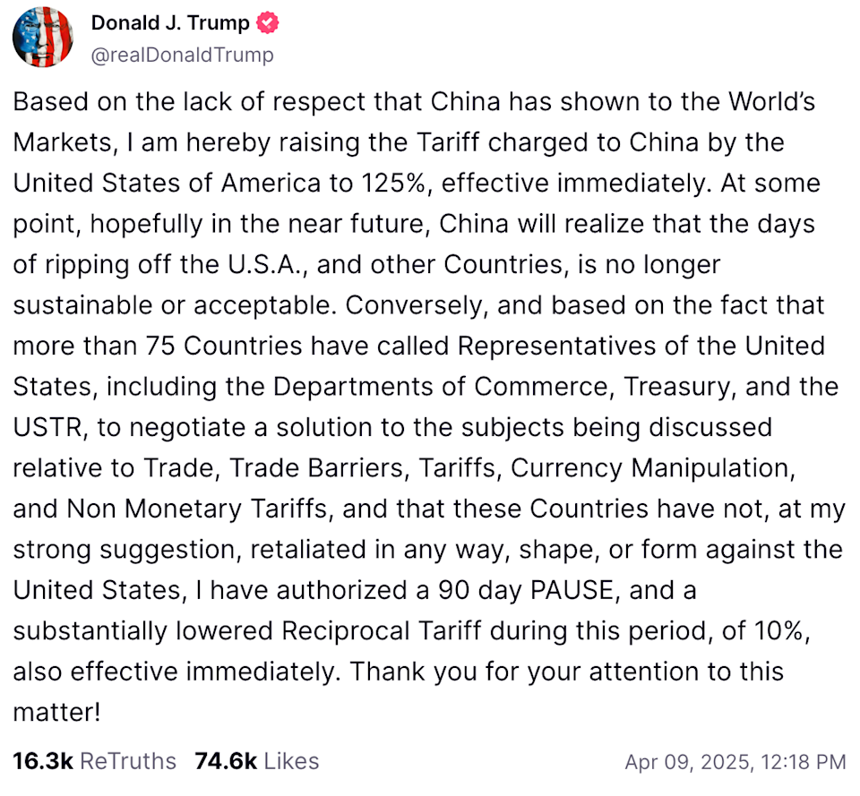 Donald Trump's Instagram post about raising tariffs on China by 125% and encouraging negotiations on trade issues with other countries