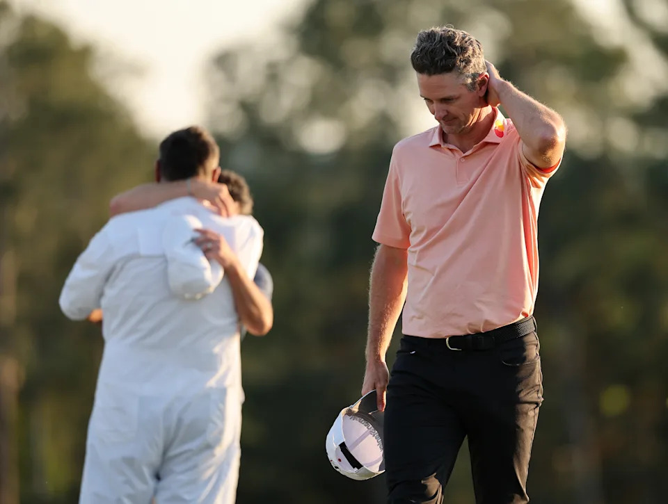 AUGUSTA, GEORGIA - APRIL 13: Justin Rose of England reacts after losing the playoff on the 18th green in the final round of the 2025 Masters Tournament at Augusta National Golf Club on April 13, 2025 in Augusta, Georgia. (Photo by Michael Reaves/Getty Images)