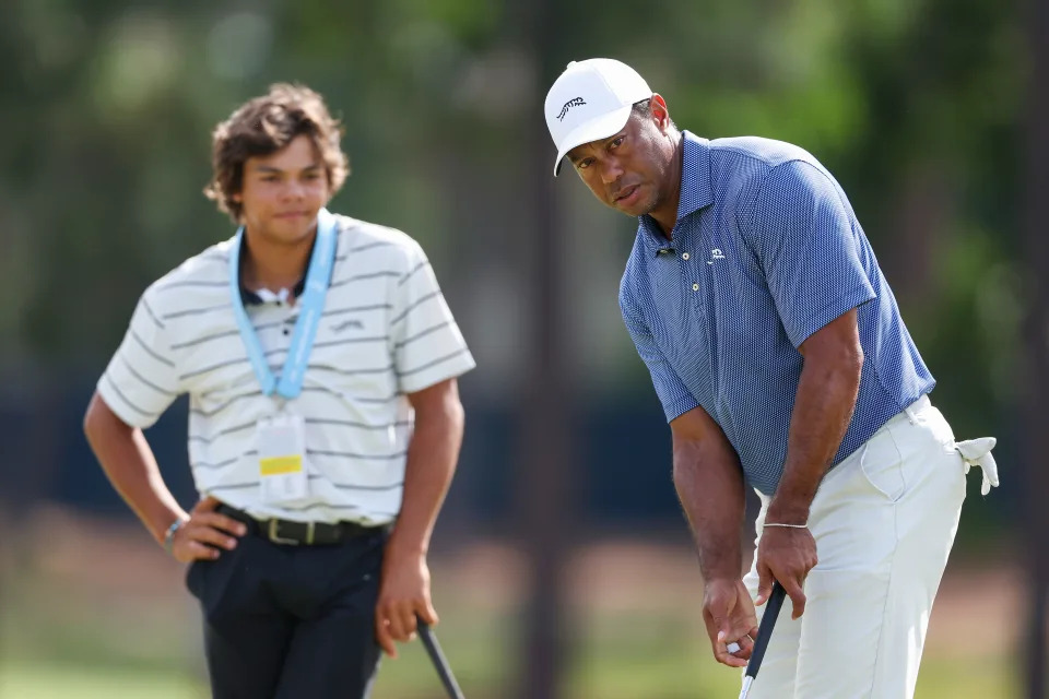 Tiger and Charlie Woods have played together at the PNC Championship in Orlando each year since 2020. They finished as runners-up at the event in 2021. (Gregory Shamus/Getty Images)