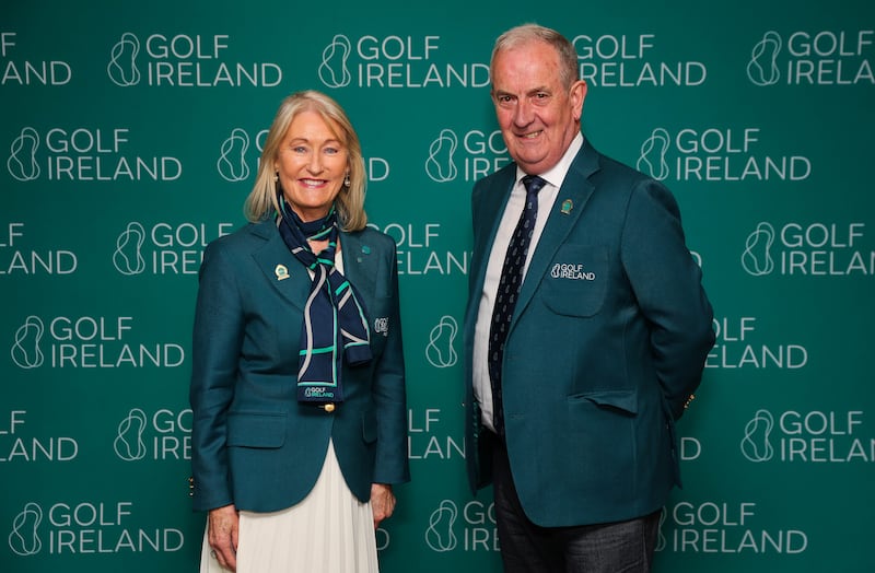 Golf Ireland outgoing president Rosemary Tully and new president Michael Evans. Photograph: Ryan Byrne/Inpho