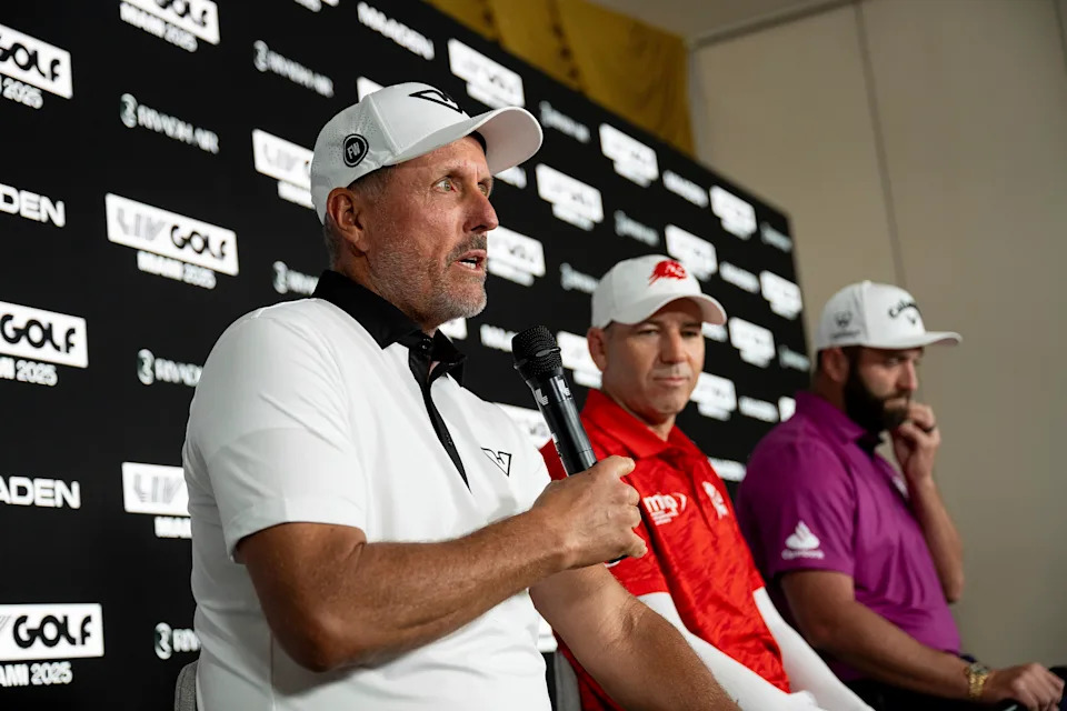 Captain Phil Mickelson of HyFlyers GC, Captain Sergio Garcia of Fireballs GC and Captain Jon Rahm of Legion XIII speak at a press conference during the practice round before the start of LIV Golf Miami at Trump National Doral on Wednesday, April 02, 2025 in Miami, Florida. (Photo by Montana Pritchard/LIV Golf via AP)