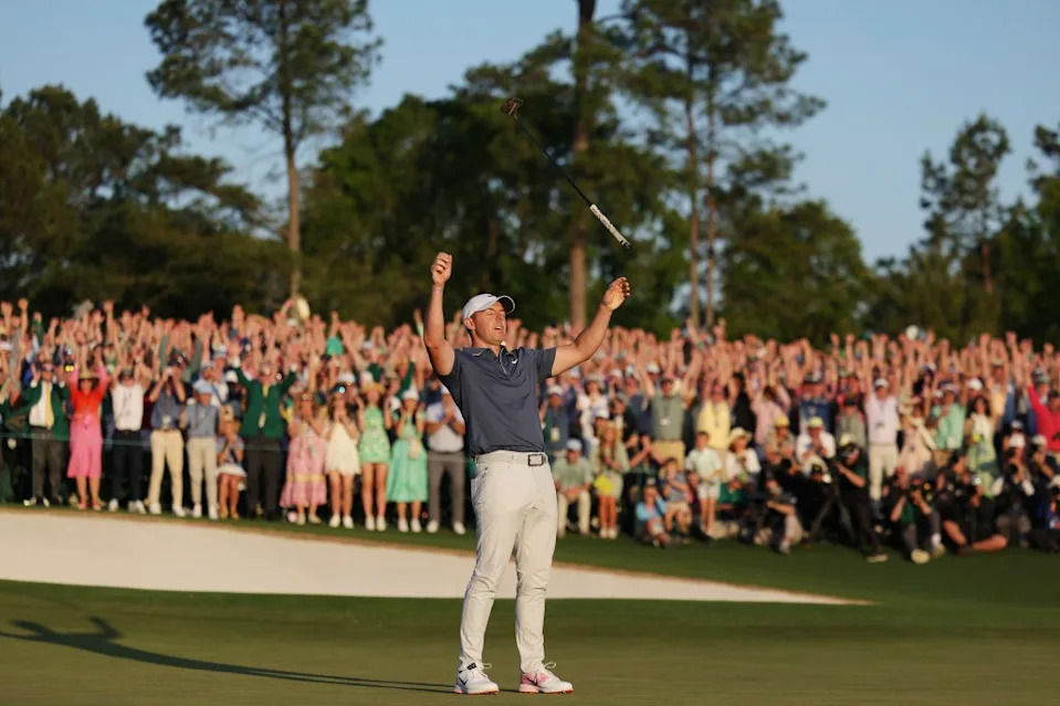 Rory McIlroy celebrates winning the 2025 Masters Tournament after a playoff win. Getty Images