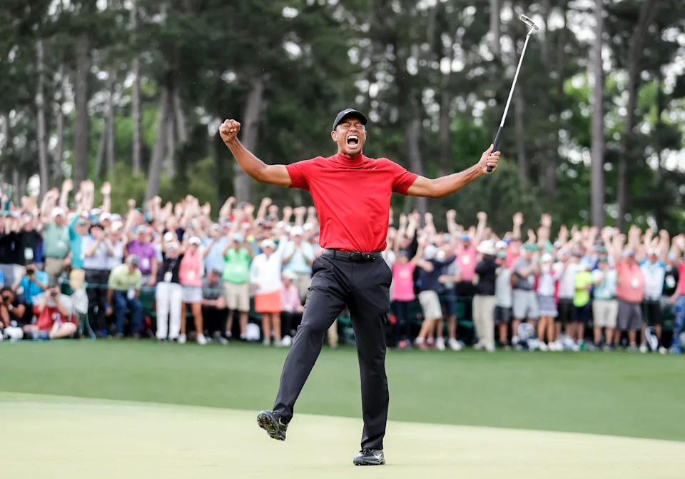 Tiger Woods celebrates winning the 2019 Masters at Augusta National Golf Club.