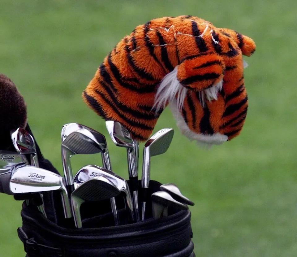 April 6, 2001; Augusta, GA, USA; Tiger Woods' clubs with a tiger club cover , photographed during the round 2 of the Masters Tournament Friday at the Augusta National Golf Club. Mandatory Credit: Eileen Blass/USA TODAY