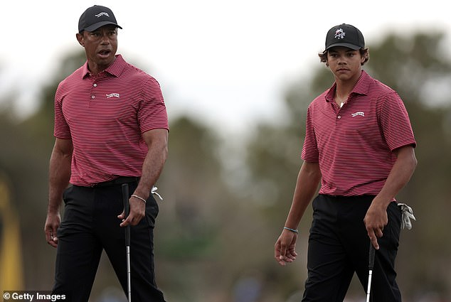 The YouTuber's dream is to play a 2v2 match against Tiger Woods and his son Charlie (R)