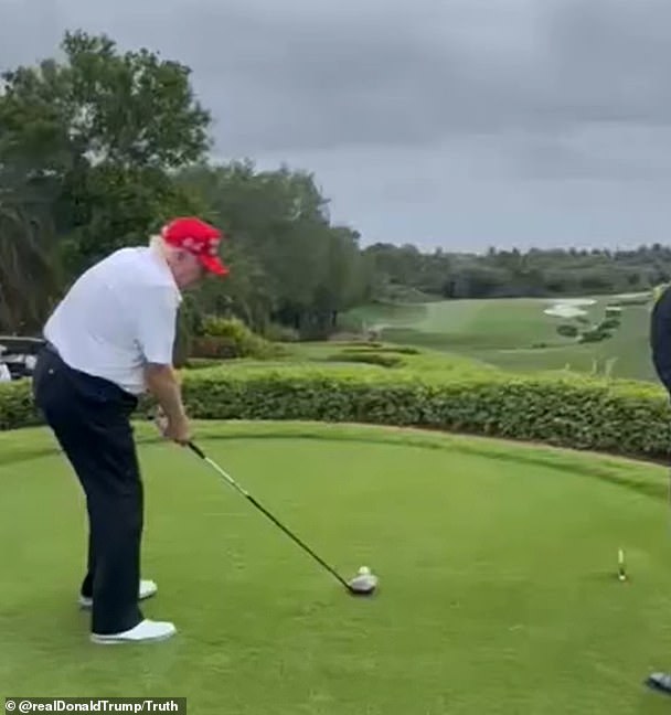 Pictured, Trump at his second golf tournament in four days in Jupiter, Florida, on Sunday. On Thursday, he attended a LIV Golf tournament event also in the Sunshine State