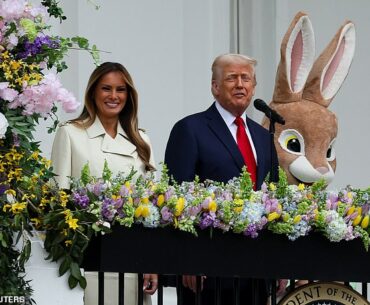 First lady Melania Trump (left) made a rare appearance in Washington, D.C., to appear alongside President Donald Trump (center) and the Easter Bunny at the White House Easter Egg Roll