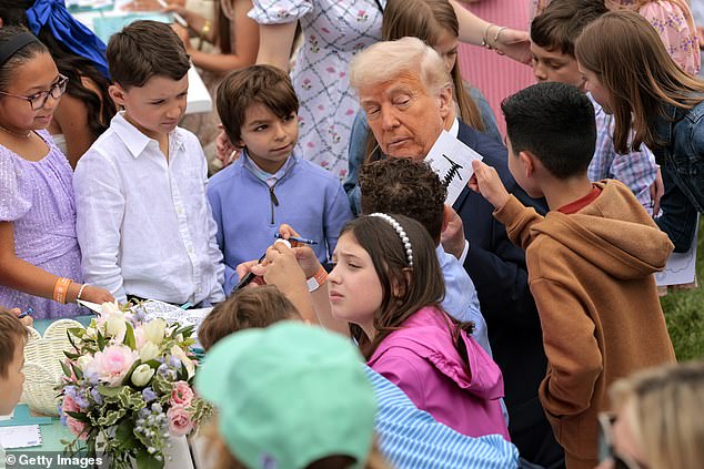 President Donald Trump talks with a group of children during a card making session