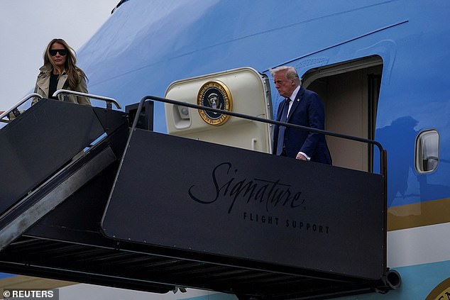President Donald Trump and first lady Melania Trump disembark Air Force One, after attending Pope Francis' funeral, at Newark Liberty International Airport