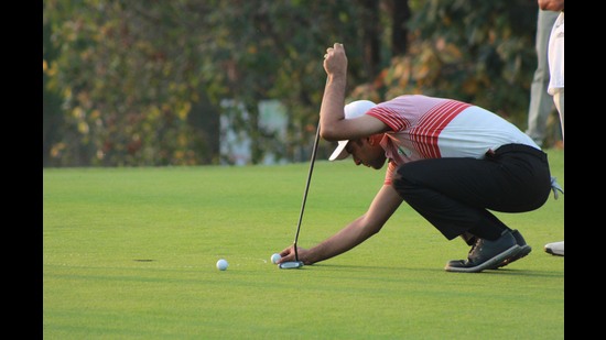 A player during Panchkula Golf League being held at Panchkula Golf Club on Wednesday. (HT Photo)