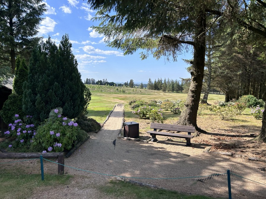 Path leading to a golf course with a bench and flowers.
