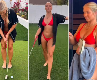 Pro golfer strips down to bikini to give guided tour of dream garden as she relaxes in sauna and hot tub